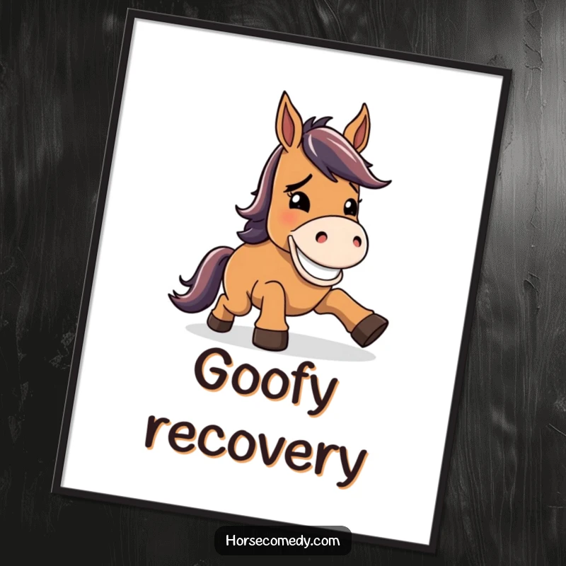 Funny horse digital art print, character stumbling slightly, then grinning goofily, conveying resilience, humor, and charm.