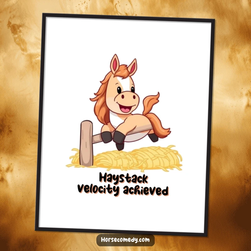 Funny horse digital art print of a horse with a playful grin, sliding down a banister made of hay.