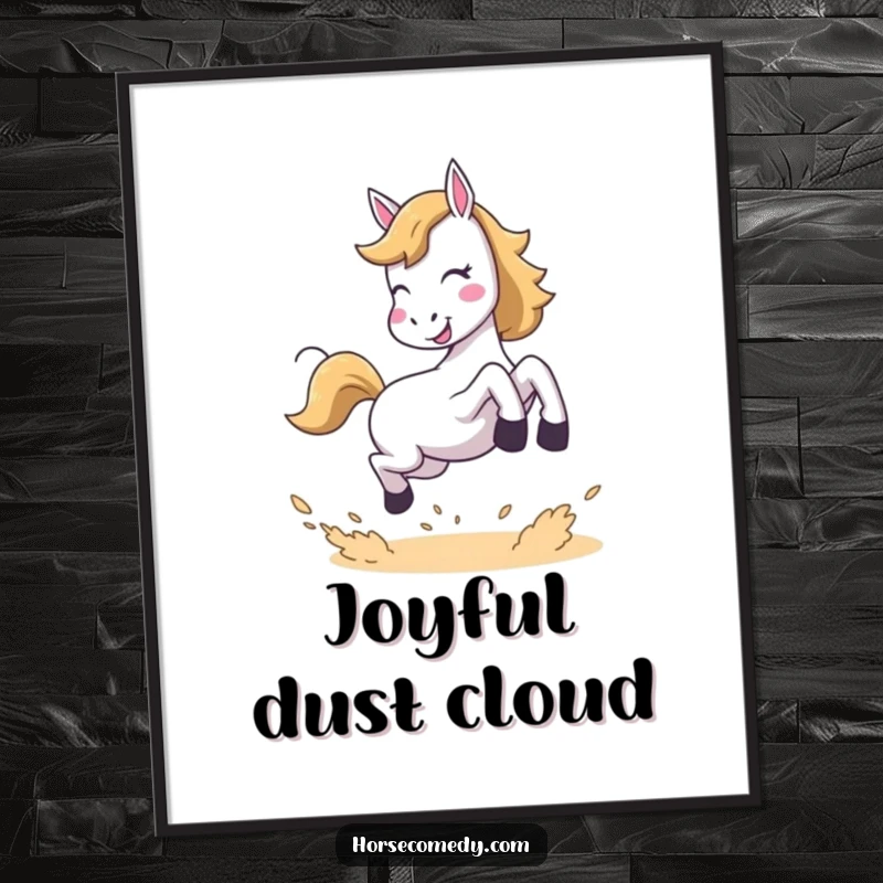 Funny digital art print of a horse in a joyful leap, kicking up dust, perfect for adding vibrant, humorous decor.
