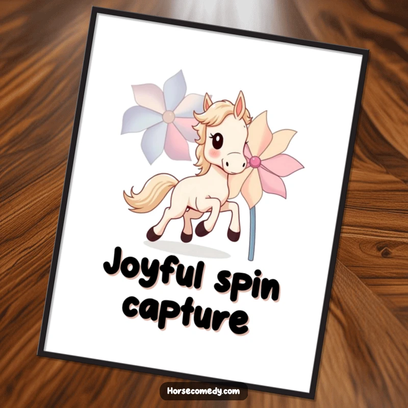 Funny Horse Cub Digital Art Print of a small horse cub joyfully chasing a large, spinning pinwheel, ready for instant display.