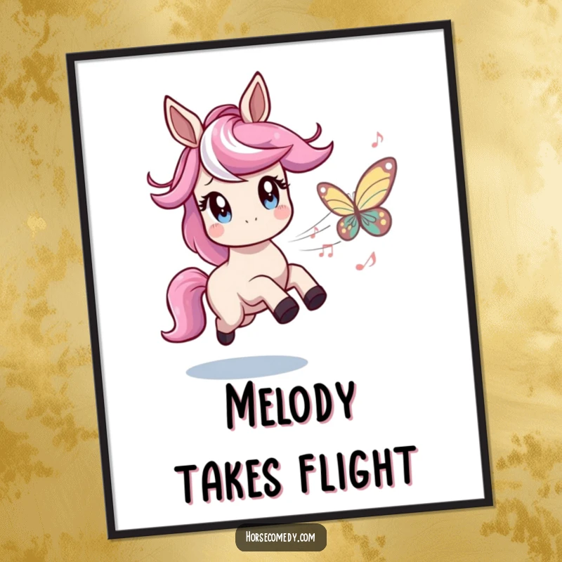 Funny digital art print of a horse with twinkling eyes playfully chasing a butterfly made of musical notes, radiating joy and musical humor.