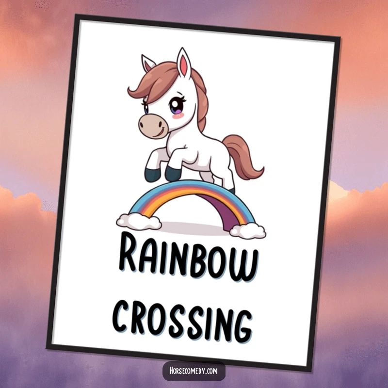 Funny Horse Digital Art print of a determined horse character leaping over a small rainbow bridge, ready for download.