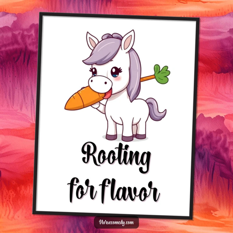 Funny horse character with delightedly munching on a giant, colorful carrot, presented as digital art for wall decor.