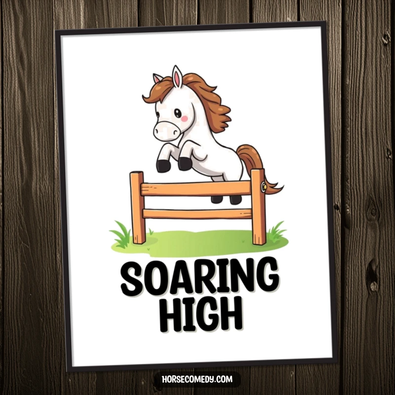 Funny horse character dramatically leaping over a small, colorful fence on a digital art print, offering dynamic and comical wall decor.