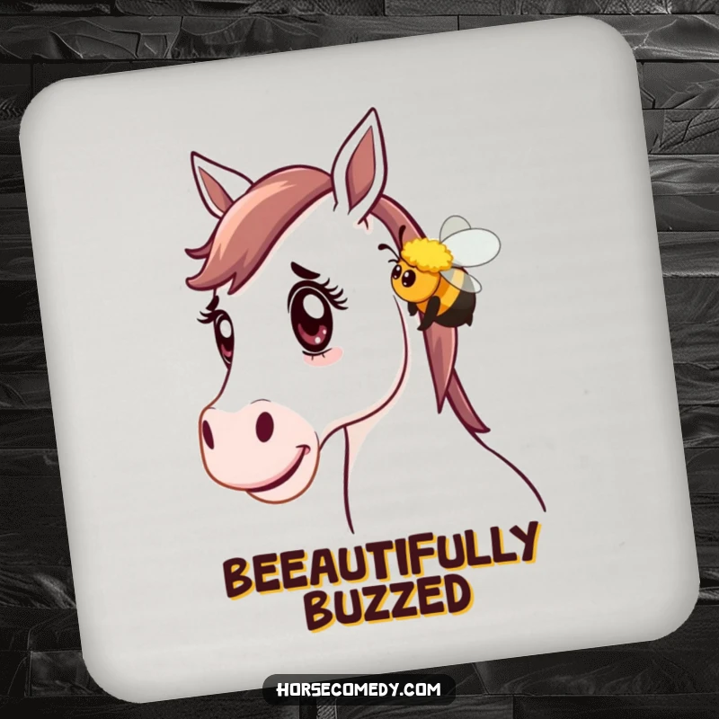 Funny Horse Coaster: A horse with a surprised expression is playfully nudged by a friendly bumblebee, adding charming humor.