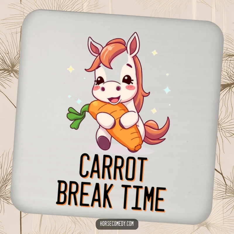 Funny horse coaster featuring a happy horse character enthusiastically eating a gigantic, radiant carrot, adding humor to drink service.