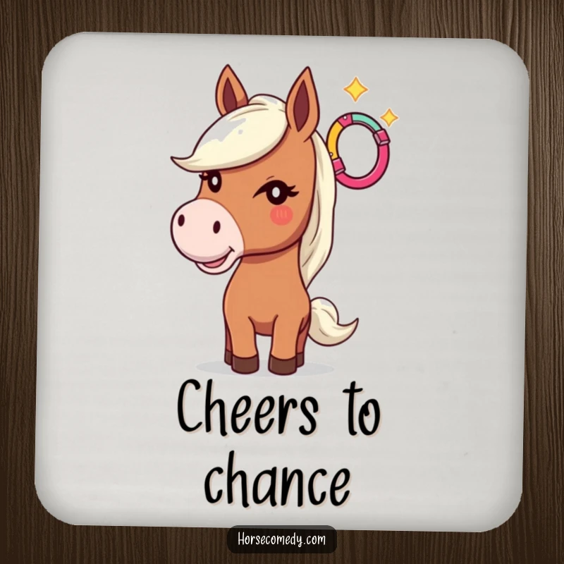 Funny drink coaster with a horse winking and tossing a horseshoe, ideal for protecting surfaces.