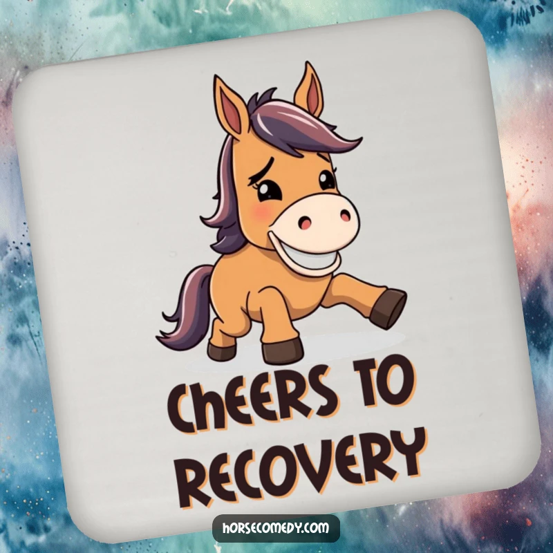 Funny horse coaster, character stumbling but recovering with a wide, goofy grin, protecting surfaces with resilient and playful charm.