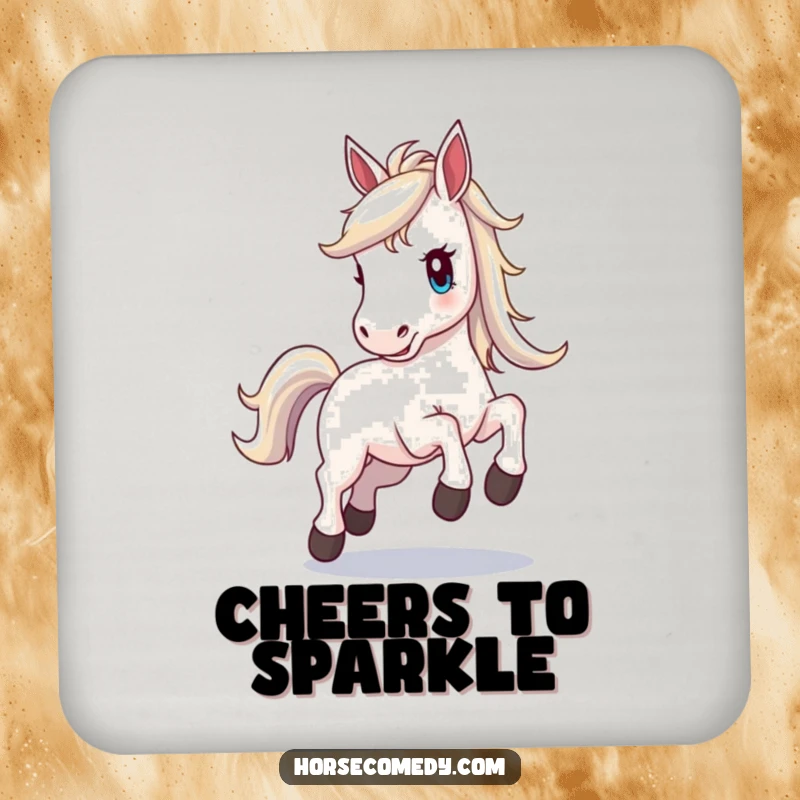 Funny horse coaster, horse with a shimmering mane, prancing with excitement, protecting surfaces with radiant and playful charm.