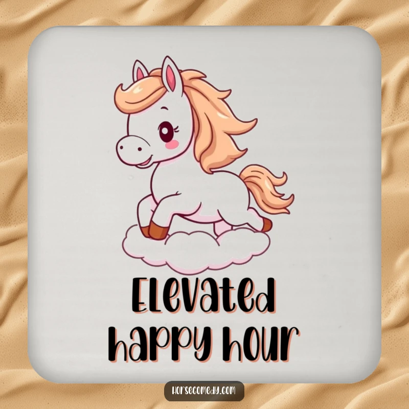 Funny horse coasters showing a fluffy horse with flowing mane, excitedly galloping on a cloud.