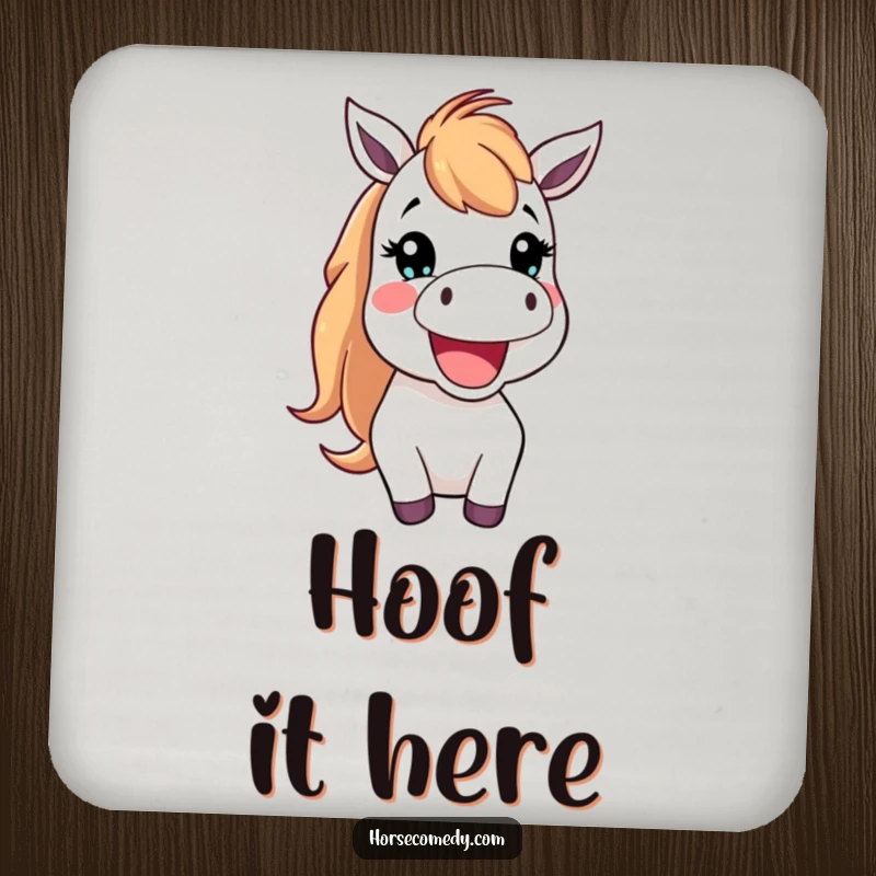 Funny Drink Coasters featuring a happy horse creature neighing cheerfully, perfect for adding equine fun to drink settings.