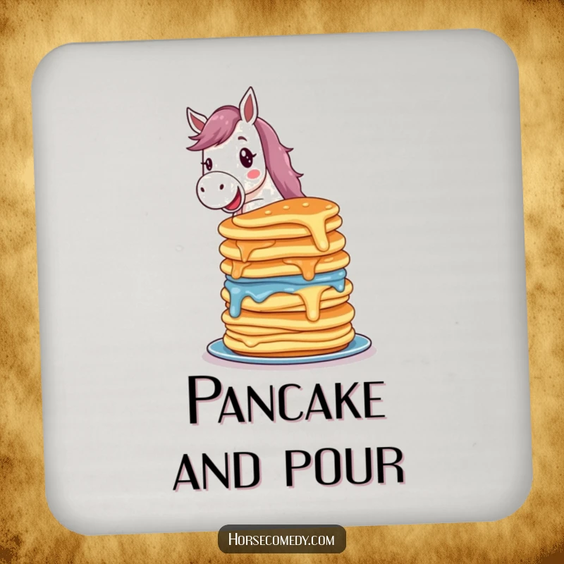 Funny horse coaster featuring a delighted horse character balancing a colorful stack of wobbling pancakes, perfect for breakfast tables.