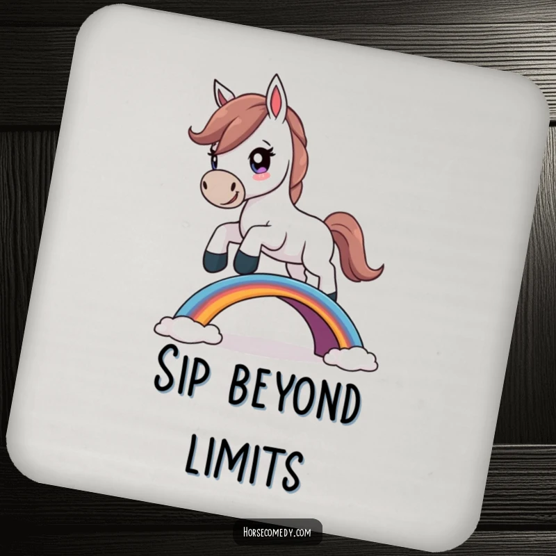 Funny Horse Coaster showing a determined horse character leaping over a small rainbow bridge, protecting surfaces with inspiration.