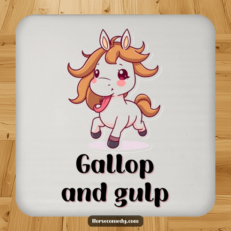 Funny horse coaster featuring a horse character joyfully galloping with its mane flying and tongue out, perfect for energetic tables.