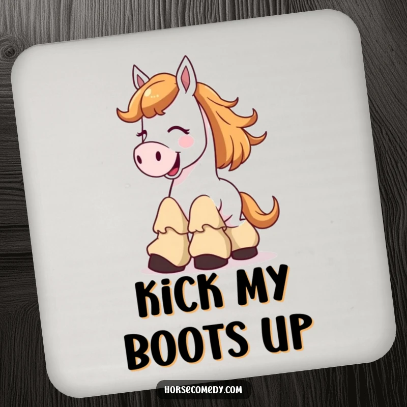 Funny Drink Coasters featuring a horse character in a fit of laughter, its floppy boots adding a comical visual.