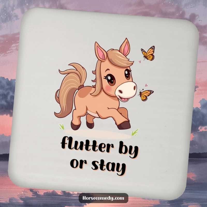 Funny Horse Butterfly Chase Coasters featuring a horse happily chasing a butterfly, protecting surfaces with a dose of playful charm and vibrant energy.