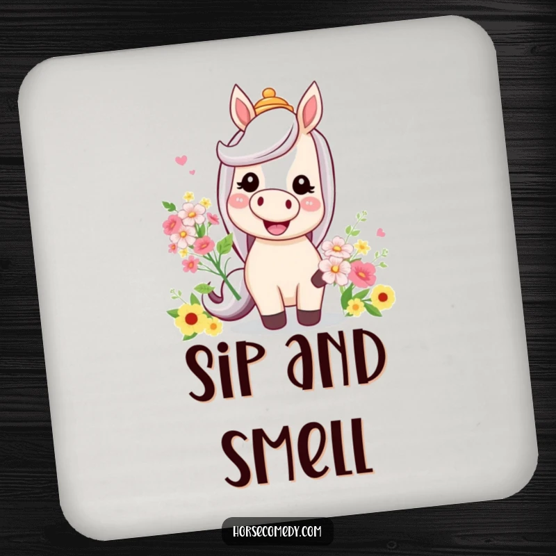 Funny drink coaster with a horse smiling, wearing a silly hat and holding flowers, perfect for surface protection.