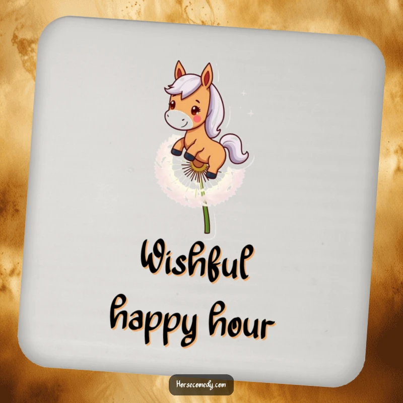 Funny Horse Coaster: A smiling horse character rides on a giant dandelion seed, adding whimsical charm to tabletops.