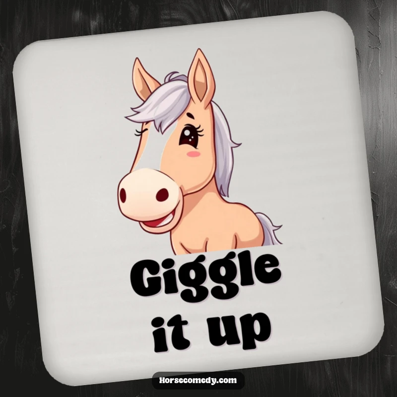 Funny horse coaster, horse with oversized floppy ears, giggling joyfully, protecting surfaces with playful and amusing charm.