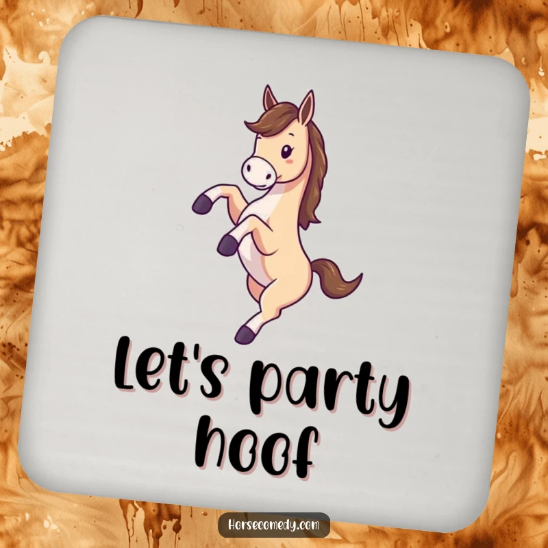 Funny drink coaster showing a horse kicking its legs with exuberance while spinning playfully.