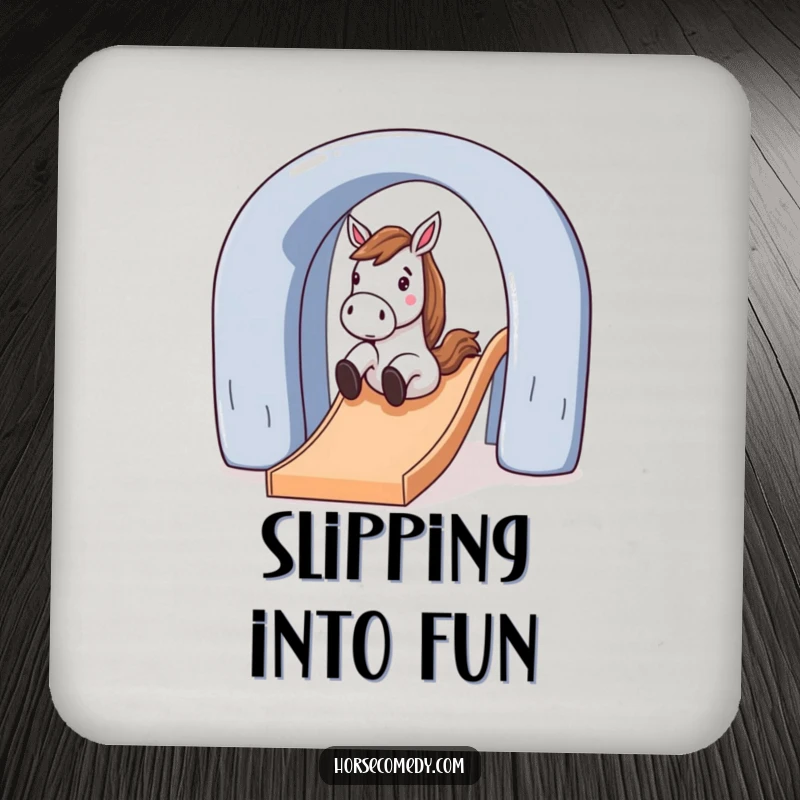 Funny horse character sliding down a large, arched slide on a drink coaster, adding playful humor to tabletops.