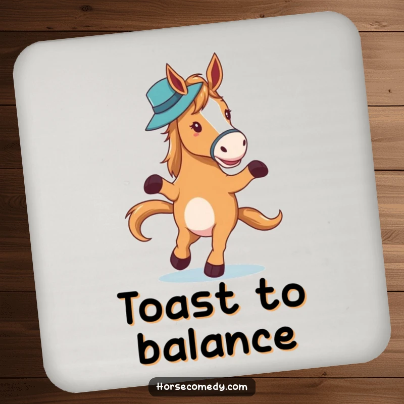 Funny horse character elegantly waltzing with a hat on its nose on a drink coaster, adding sophisticated humor to tabletops.