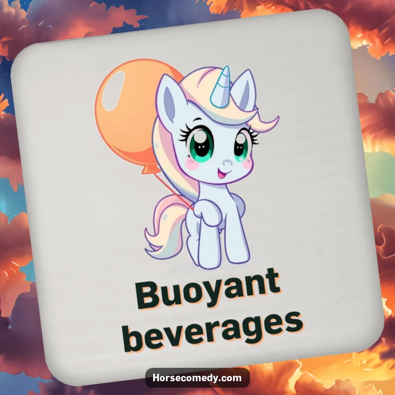 Funny pony coasters showing a pony with wide, curious eyes, balancing a large, colorful balloon.