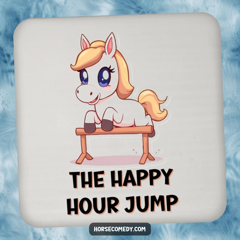 Funny Coaster: A horse with oversized, sparkling eyes is captured in a playful leap over a small obstacle.