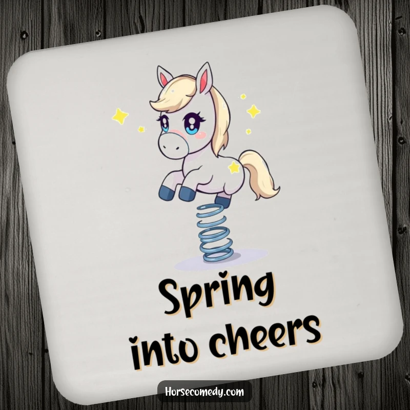 Funny horse coaster, showing a starry-eyed horse balancing on a bouncing spring. Adds humor and style.