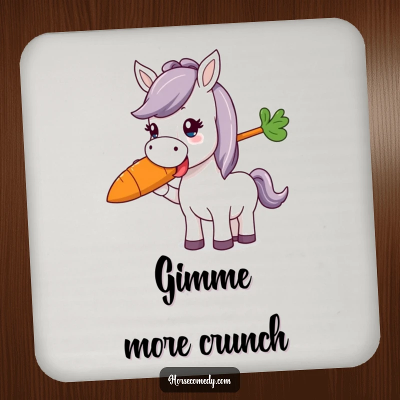 Funny horse character happily munching a giant, colorful carrot on a drink coaster, adding cheerful humor to tabletop settings.