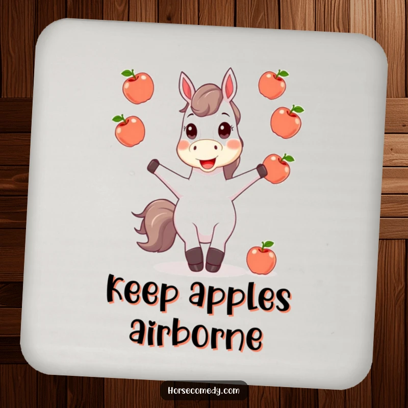 Funny horse character juggling apples, featured on drink coasters, adding a humorous touch to table settings.