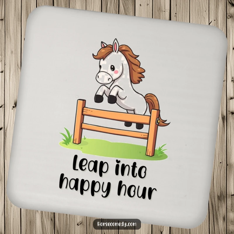 Funny horse character dramatically leaping over a small, colorful fence on a drink coaster, adding energetic and comical flair.