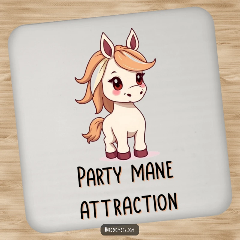Funny drink coaster featuring a horse with a wide mane, playfully bucking, adding a touch of spirited flair.