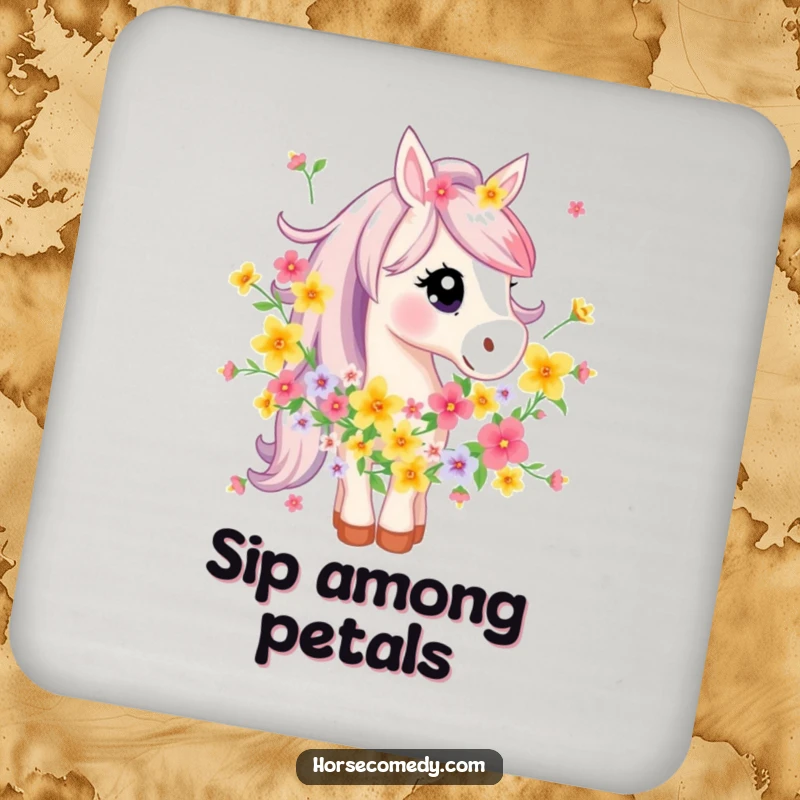 Funny Horse Coaster: A horse character humorously tangled in a vibrant garland of flowers, adding whimsical charm to tabletops.