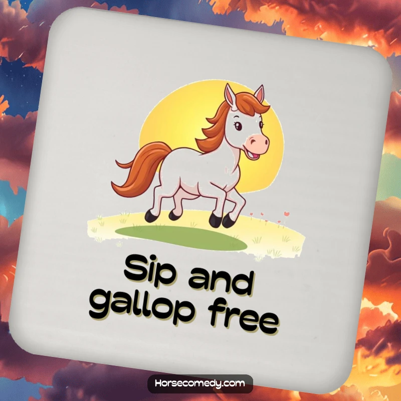 Funny horse sunset coasters (set of 4) protecting surfaces with images of a happy horse galloping towards a colorful sunset.