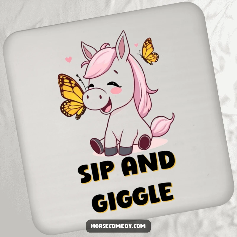Funny horse character giggling while being tickled by a playful butterfly on a drink coaster, adding comical joy and charm.