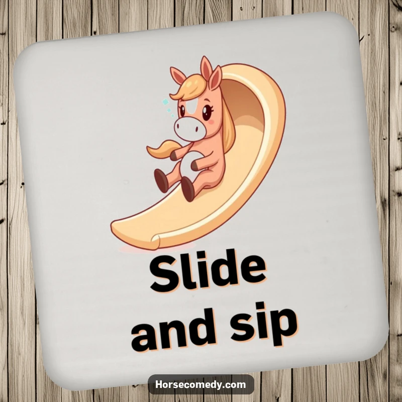 Funny horse coaster featuring a giddy horse character sliding down a whimsical, winding slide, adding playful flair to drinks.
