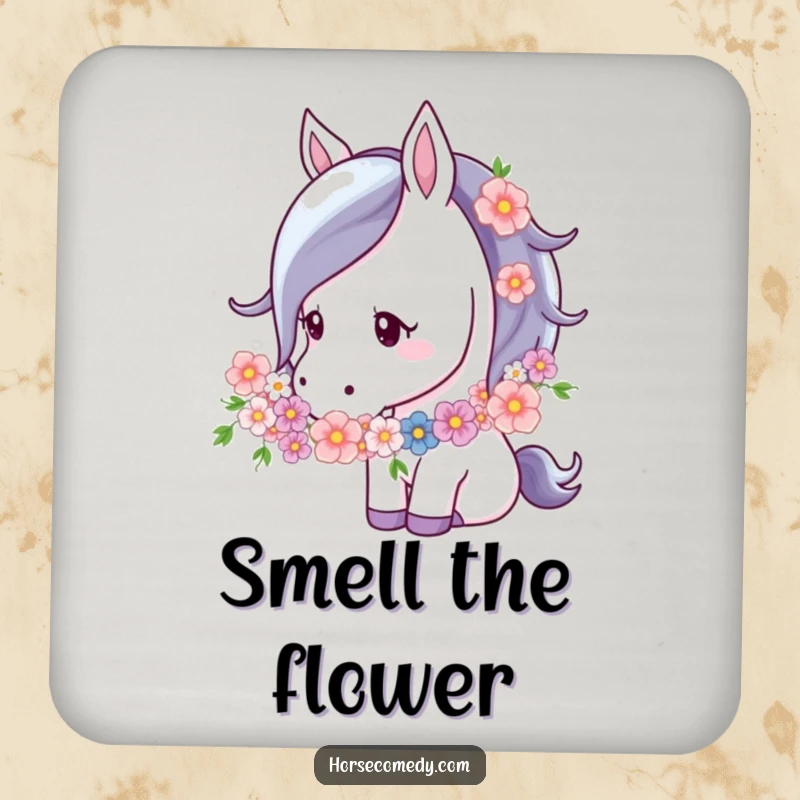 Funny Horse Flower Garland Coasters featuring a horse nuzzling a flower garland, protecting surfaces with natural beauty and gentle charm.