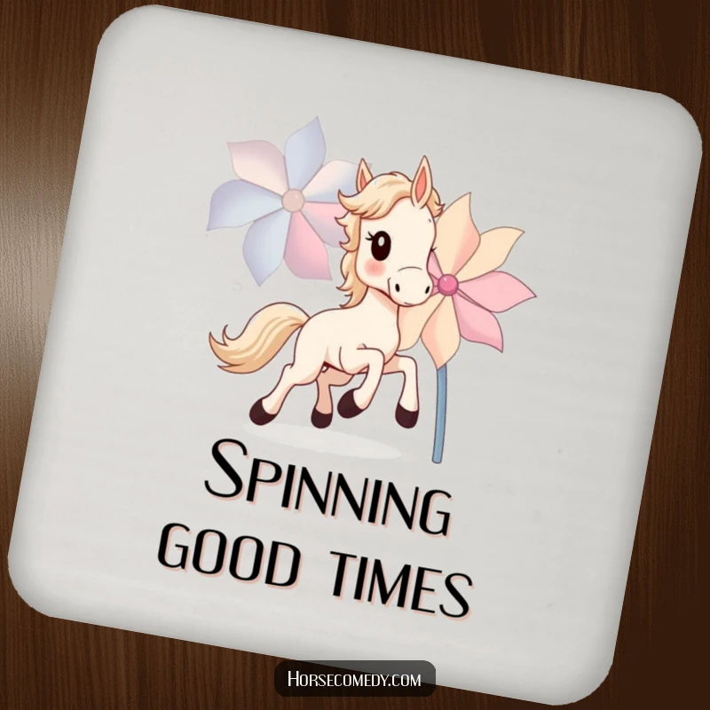 Funny Horse Cub Coaster showing a small horse cub joyfully chasing a large, spinning pinwheel.