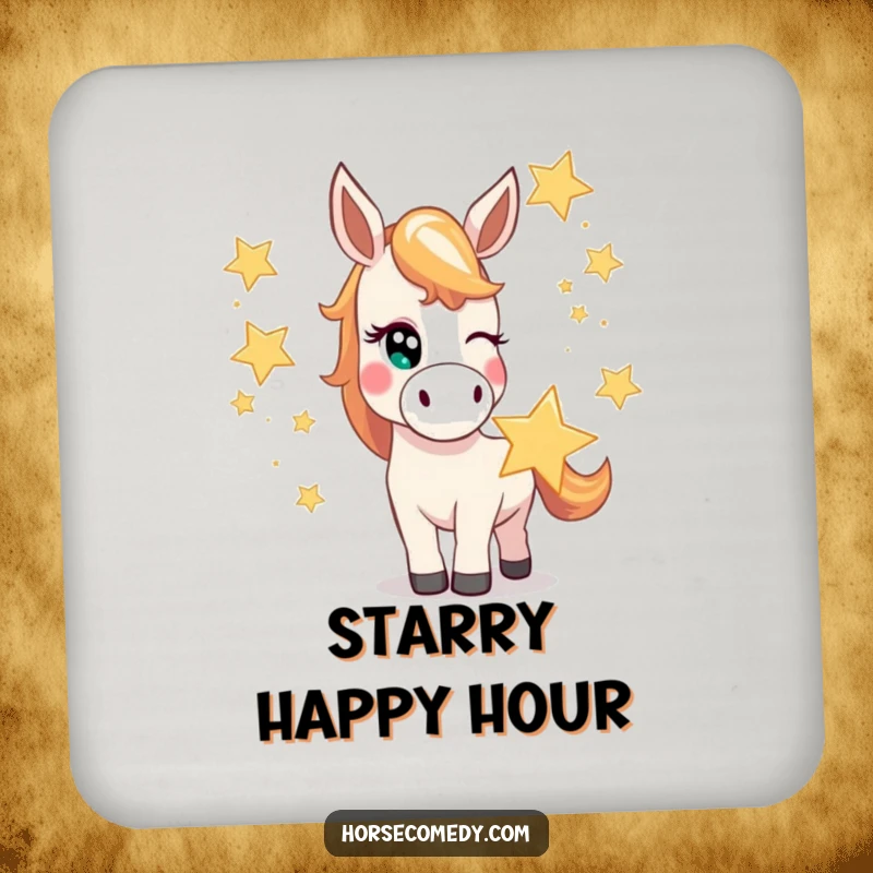 Funny horse coaster featuring a mischievous horse character winking while juggling oversized, bright stars, perfect for cosmic tables.