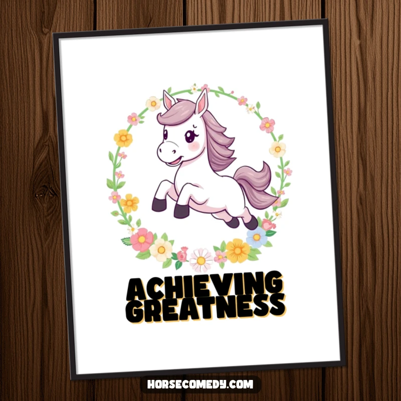 Funny leaping horse flower hoop poster, a dynamic and magical piece of art that captures the thrill of adventure and the beauty of nature.