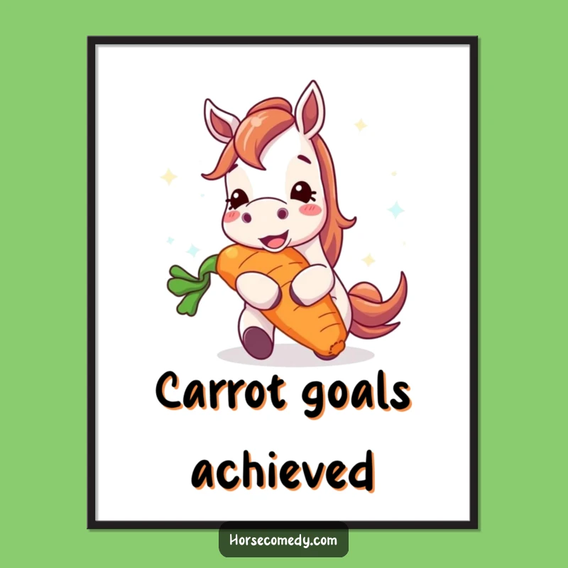 Funny Happy Horse Gigantic Carrot Art Print - Joyful Wall Decor, Hilarious Gift Idea