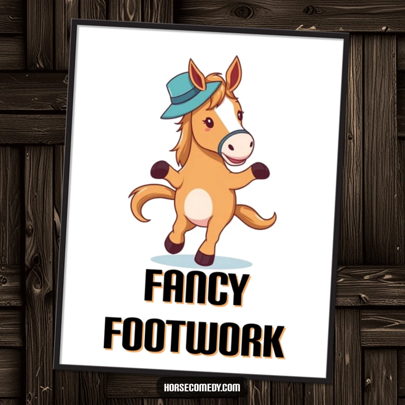 Funny horse character elegantly waltzing while balancing a hat on its nose, depicted as sophisticated humorous wall art.