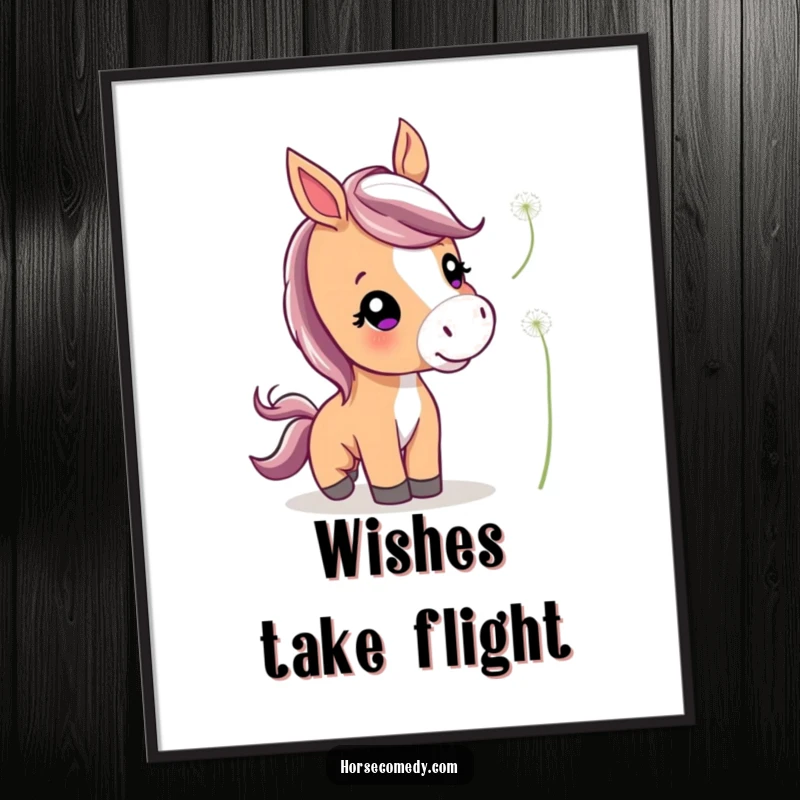 Funny Cute Horse Poster illustrating a curious horse with perked ears playfully nudging a floating dandelion.