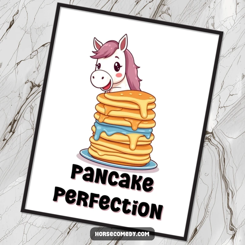 Funny horse poster featuring a delighted horse character balancing a colorful, wobbling stack of pancakes, a humorous breakfast scene.