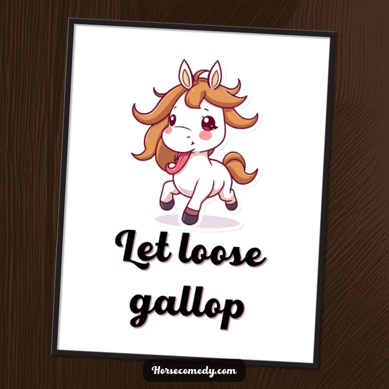 Funny horse poster featuring a horse character joyfully galloping with its mane flying and tongue out, a powerful depiction of freedom.