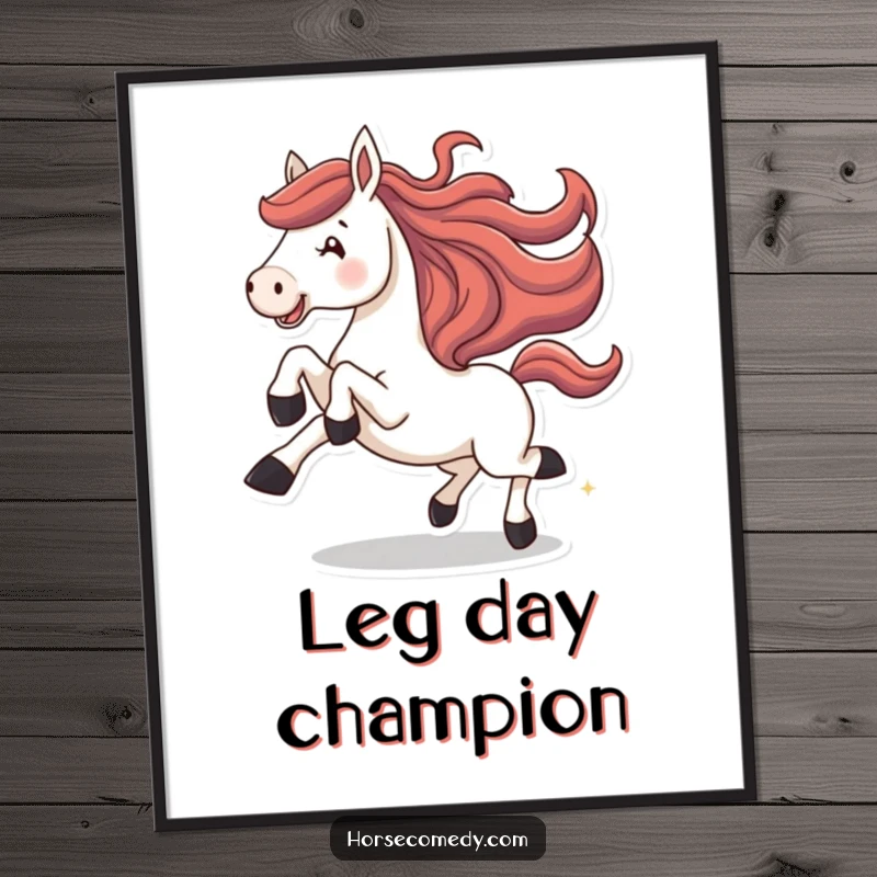 Funny horse poster, depicting a horse joyfully galloping with its legs kicked high, symbolizing untamed spirit.