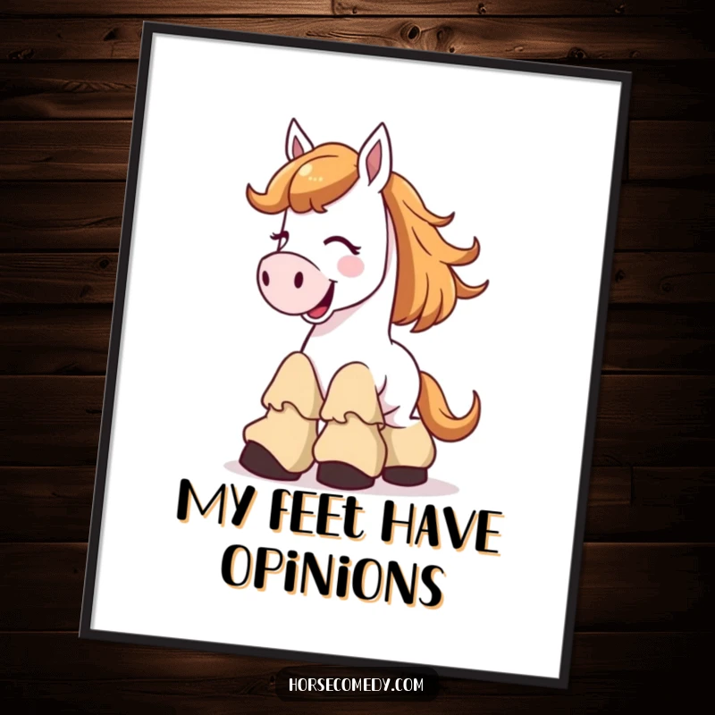 Funny Poster showcasing a horse character in mid-giggle, its oversized floppy boots emphasizing its comical predicament.