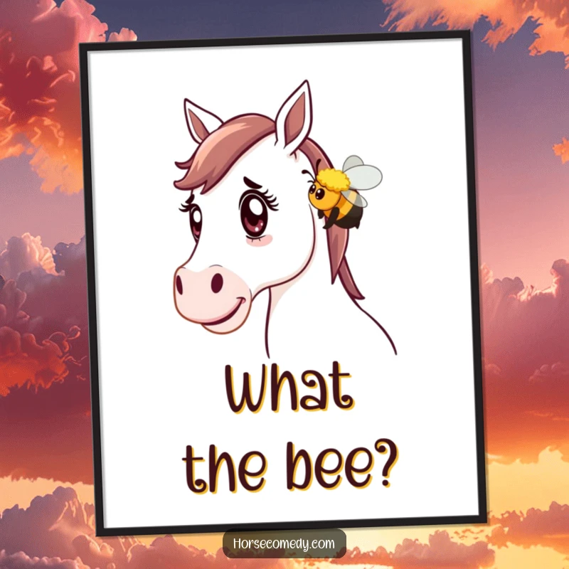 Funny Horse Poster: A horse with a look of astonishment is playfully nudged by a friendly bumblebee, capturing a sweet, funny moment.