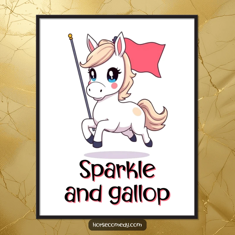 Funny poster art of a horse character with intensely sparkling eyes, galloping proudly while holding a large, vibrant flag.